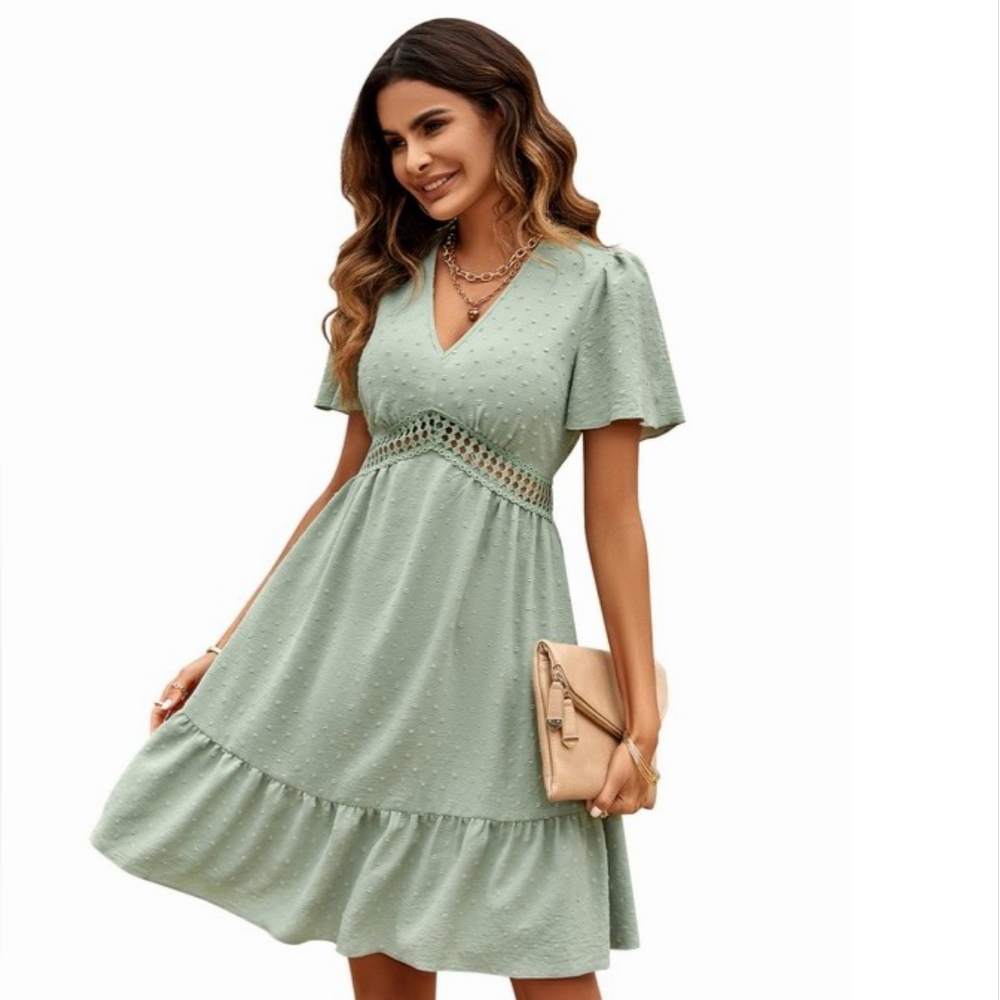 Womens Deep V Neck Short Sleeve Mini Dress